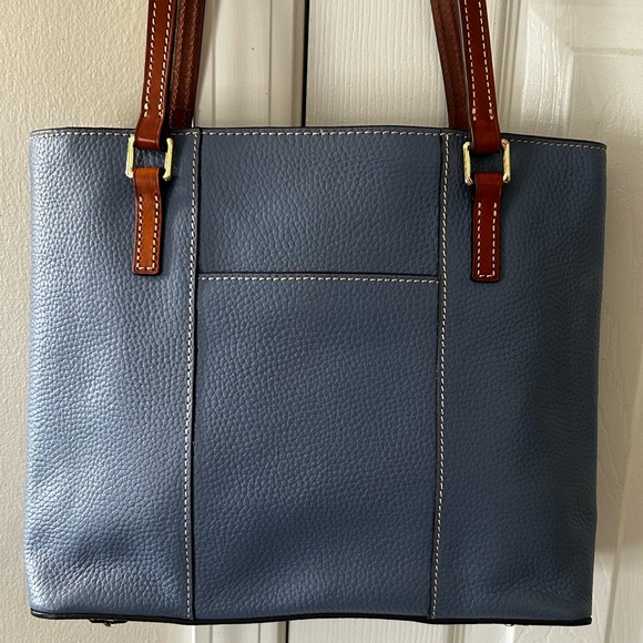 Dooney & Bourke Slate Blue Pebbled Leather Tote with Brown Handles - Picture 2 of 6
